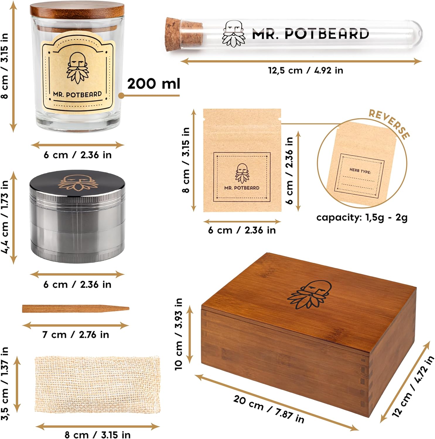 Stash Box zestaw akcesoriów do przechowywania suszonych ziół z młynkiem, pochłaniaczem zapachów w zestawie 2 hermetyczne pojemniki, narzędzie do ubijania i tacka - PuffoShop