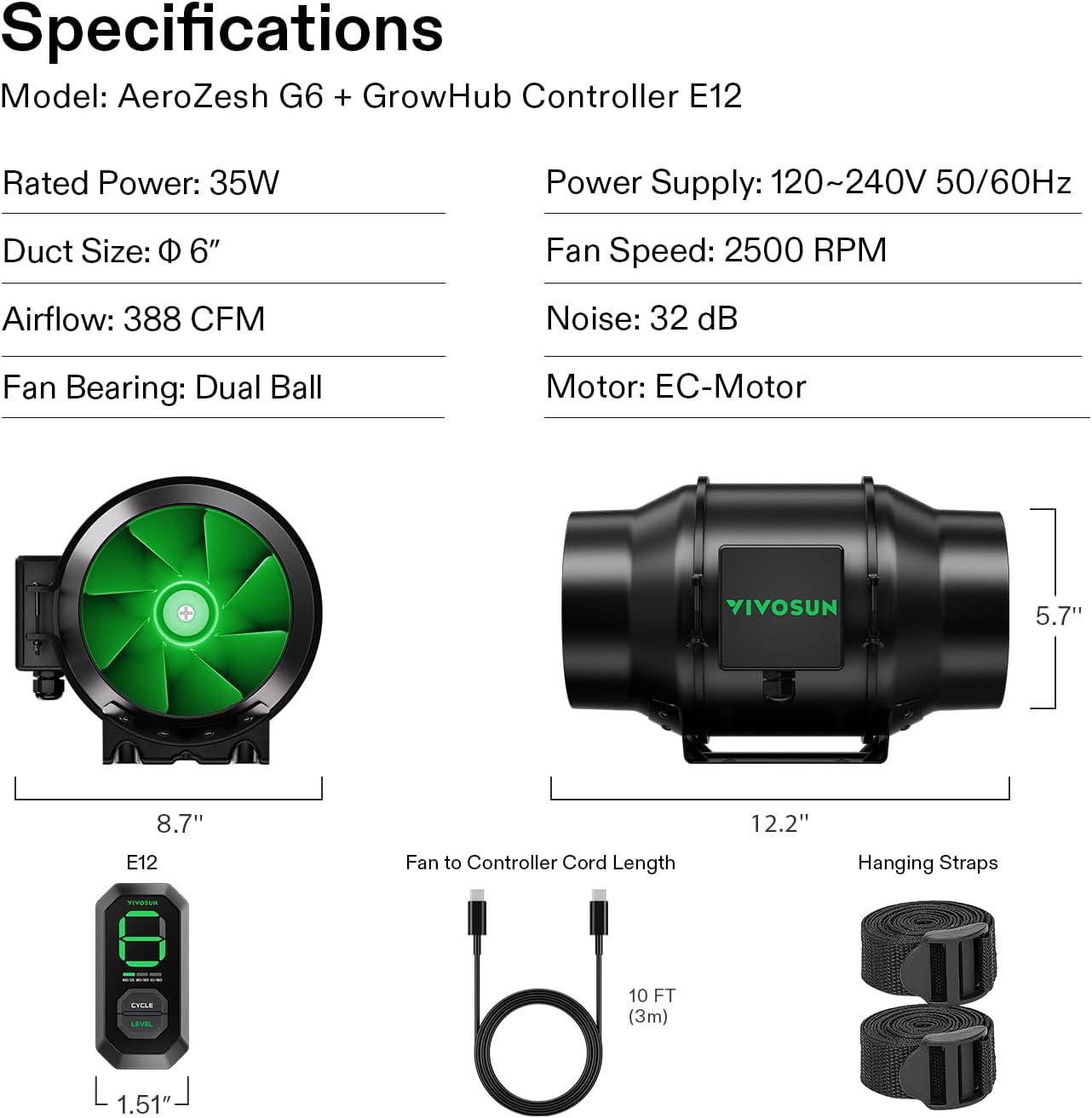 VIVOSUN AeroZesh G8 20.3 cm 725 CFM, wentylator kanałowy rzędowy z kontrolerem prędkości E12, w pełni programowalny wentylator EC sterowany PWM do wentylacji namiotów - PuffoShop