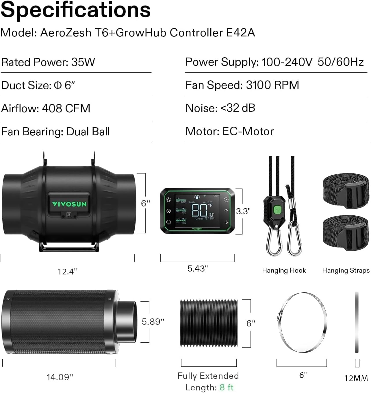 VIVOSUN Zestaw Smart Air Filtration PRO G6 15.2 cm, wentylator kanałowy rzędowy AeroZesh G6 z GrowHub E42A Temp. Kontroler Wi - Fi, filtr węglowy i kanały, system chłodzenia i wentylacji do namiotu do - PuffoShop