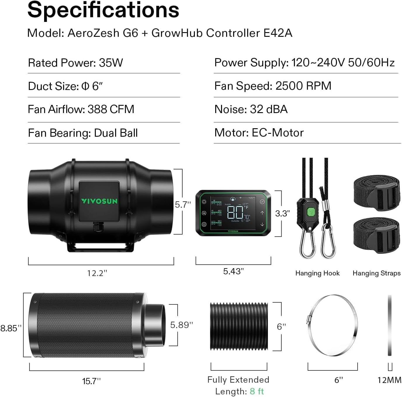VIVOSUN Zestaw Smart Air Filtration PRO G6 15.2 cm, wentylator kanałowy rzędowy AeroZesh G6 z GrowHub E42A Temp. Kontroler Wi - Fi, filtr węglowy i kanały, system chłodzenia i wentylacji do namiotu do - PuffoShop