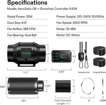 VIVOSUN Zestaw Smart Air Filtration PRO G6 15.2 cm, wentylator kanałowy rzędowy AeroZesh G6 z GrowHub E42A Temp. Kontroler Wi - Fi, filtr węglowy i kanały, system chłodzenia i wentylacji do namiotu do - PuffoShop